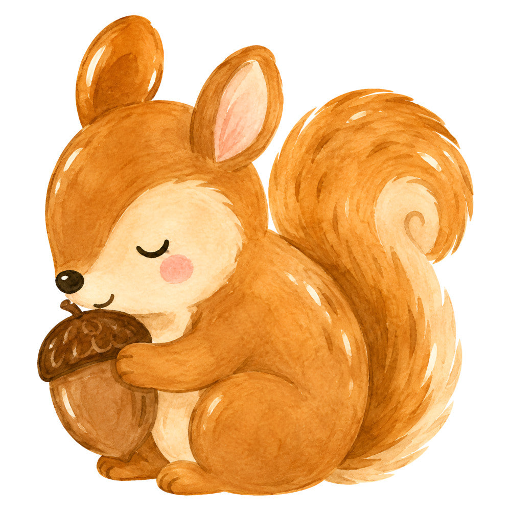 autumn, woodland, cute, whimsical, squirrel, acorn, nature, animals, forest, warm brown, tan, cream, beige, rust orange, burnt orange, baby, children, nursery, storybook, illustration, adorable, gentle, soft, fall, harvest, rustic, woodland creatures, sweet, playful