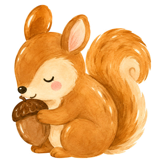 autumn, woodland, cute, whimsical, squirrel, acorn, nature, animals, forest, warm brown, tan, cream, beige, rust orange, burnt orange, baby, children, nursery, storybook, illustration, adorable, gentle, soft, fall, harvest, rustic, woodland creatures, sweet, playful