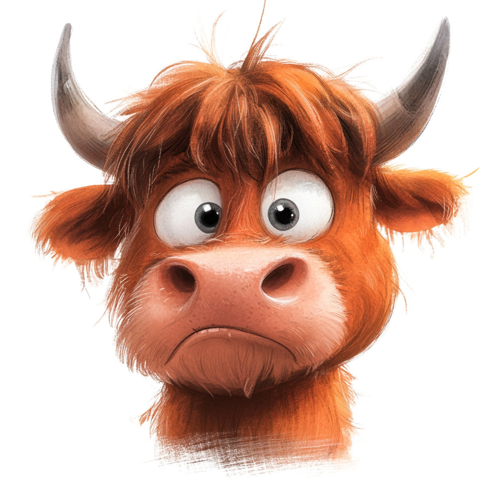 rust orange, burnt orange, reddish brown, charcoal gray, cream, animal face, highland cattle, highland cow, scottish cow, cute animals, whimsical, cartoon style, humorous, farm animals, livestock, bovine, shaggy hair, long horns, exaggerated features, funny expression, children's design, playful, rustic farmhouse, country style, novelty print, character panel, animal portrait, expressive eyes, farm theme
