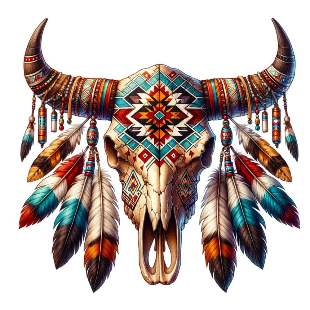 buffalo skull, bull skull, southwestern, geometric patterns, feathers, beads, turquoise, orange, red, brown, native american inspired, tribal design, western motif, desert colors, decorative skull, spiritual symbols, fabric panel, quilting cotton, bohemian, rustic