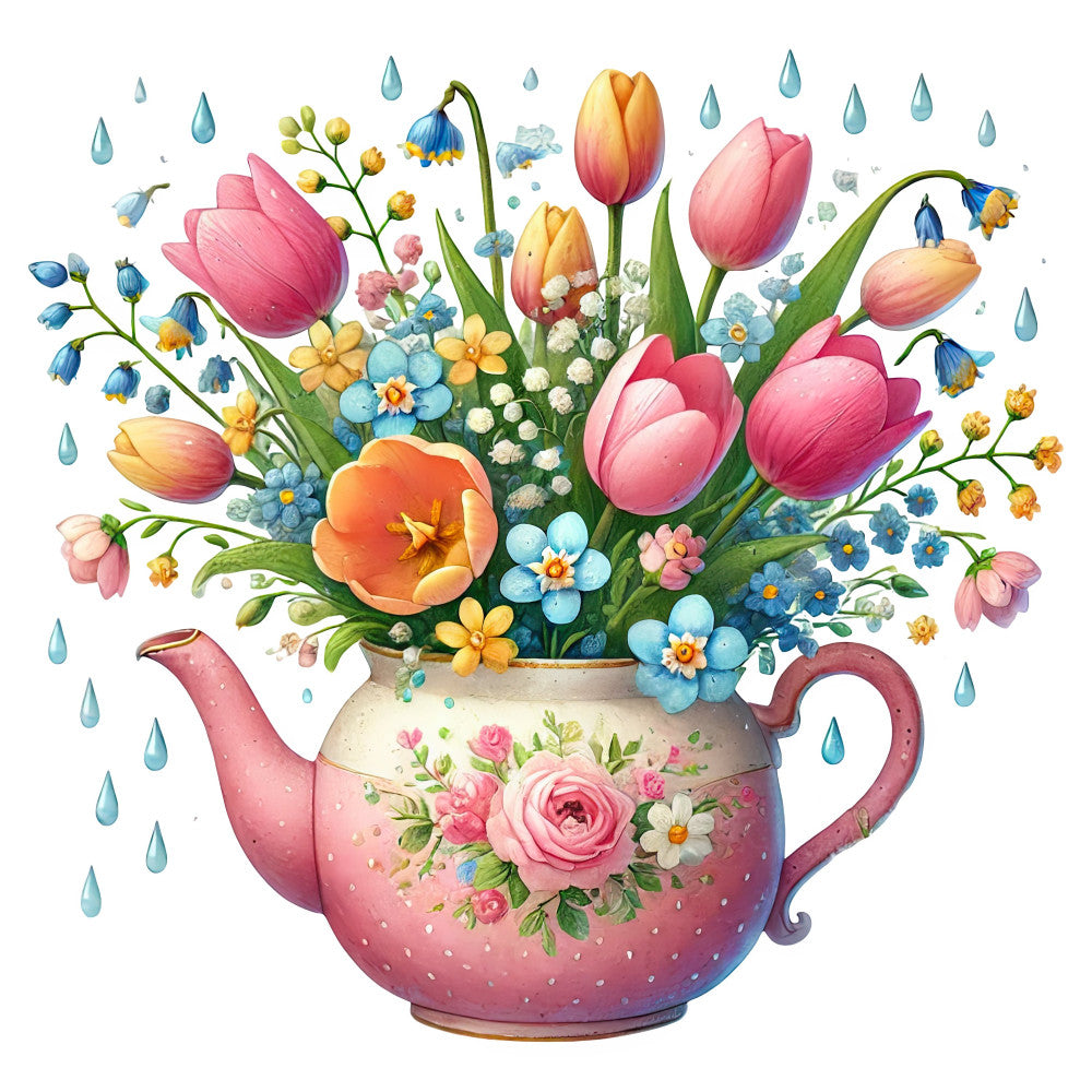 floral, spring, teapot, tulips, blue flowers, pink tulips, yellow flowers, orange flowers, raindrops, water drops, garden, nature, whimsical, vintage, elegant, cottage core, pastel colors, coral pink, dusty rose, soft blue, cream, yellow, botanical, tea time, decorative, illustrative, romantic, traditional, colorful, bouquet