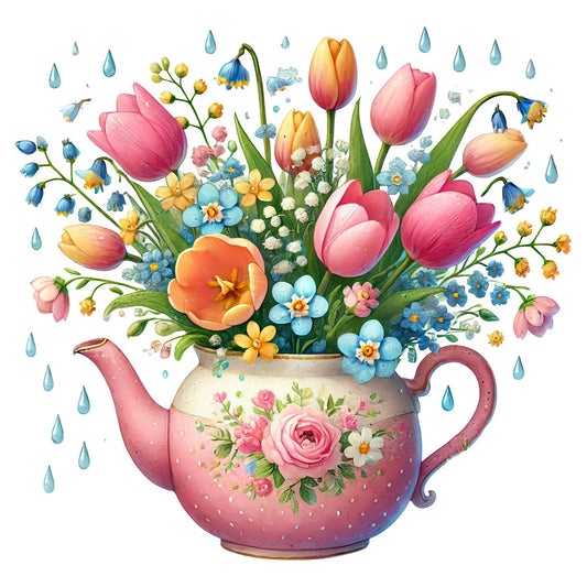 floral, spring, teapot, tulips, blue flowers, pink tulips, yellow flowers, orange flowers, raindrops, water drops, garden, nature, whimsical, vintage, elegant, cottage core, pastel colors, coral pink, dusty rose, soft blue, cream, yellow, botanical, tea time, decorative, illustrative, romantic, traditional, colorful, bouquet