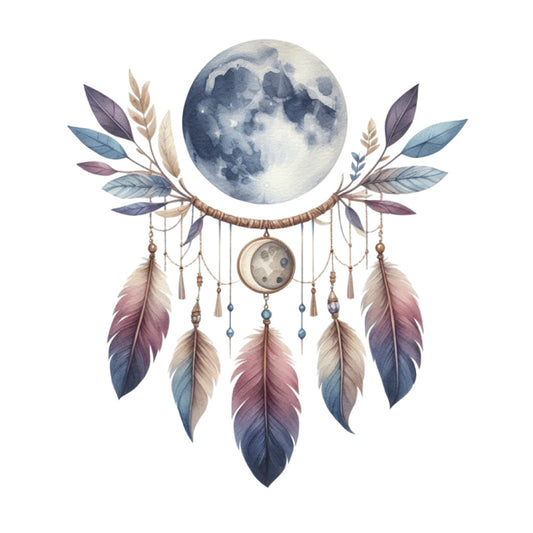 moon, celestial, dreamcatcher, night sky, feathers, bohemian, whimsical, mystical, navy blue, dusty rose, mauve, slate blue, cream, taupe, beige, leaves, botanical, nature-inspired, elegant, boho chic, spiritual, ethereal, lunar, stars, rustic, vintage, enchanted, magical, wall hanging, home decor