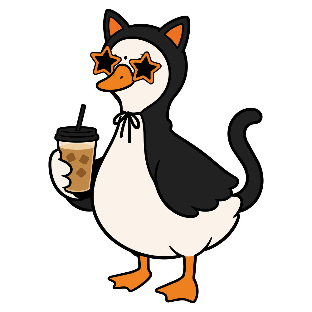 black cat, orange stars, iced coffee, whimsical, cute animal, cat lover, Halloween, autumn, black and cream, orange accents, playful, fun pattern, cat face, beverage motif, celestial stars, spooky season, fall themed, animal characters, bold colors, contemporary, quirky, cat illustration, coffee lover, seasonal decor, warm tones, black and white with orange, stylized cat, modern whimsy, festive, creature design