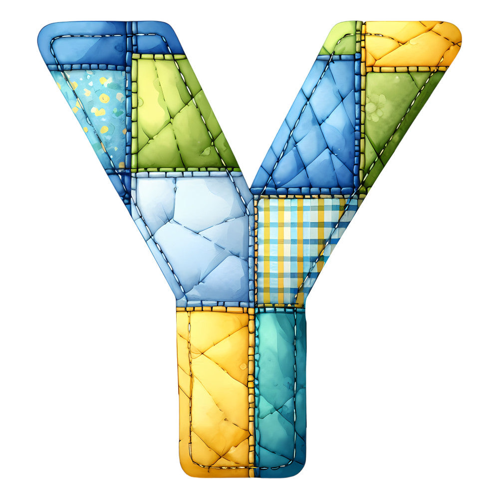letter y, alphabet, monogram, sky blue, light blue, navy blue, yellow, golden yellow, green, lime green, white, cream, checkered, gingham, plaid, geometric, patchwork, quilted, whimsical, playful, children's, nursery, educational, stitched, patchwork quilt, baby, toddler, colorblock, multi-color, bright