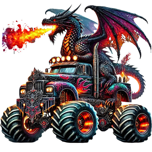 dragon, fire breathing, monster truck, fantasy, dark teal, deep purple, vibrant orange, bright red, golden yellow, neon glow, metallic accents, flames, wheels, mechanical, steampunk, edgy, bold, graphic, dramatic, action-packed, supernatural, creature, vehicle, boys, adventure, rock and roll, glowing effects, dark fantasy, intensity, power