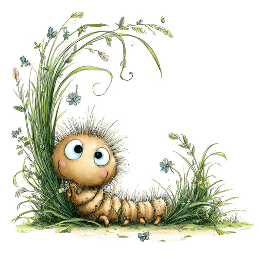 cute caterpillar, whimsical animals, nature scene, grass, wildflowers, blue butterflies, insects, spring, children's illustration, storybook, soft pastels, tan brown, sage green, light blue, cream, natural tones, playful style, garden theme, nursery, baby friendly, adorable character, detailed illustration, botanical, meadow, whimsical creatures, fantasy, gentle, sweet, outdoor scene