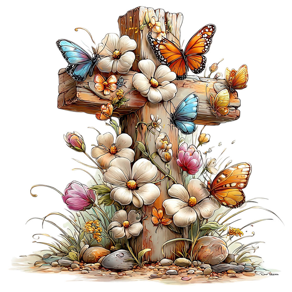 fabric panel, wooden cross, butterflies, floral design, cream flowers, orange butterflies, blue butterflies, rustic wood, botanical art, nature scene, quilting cotton, religious motif, garden flowers, colorful wings, weathered timber, spring blooms, cross beam, wildlife illustration, pastel tones, outdoor nature