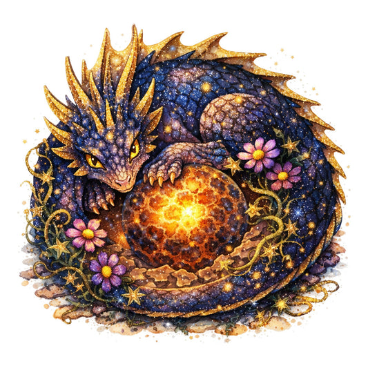 dragon, celestial, starry night, navy blue, deep blue, gold, golden, purple, pink, cosmic, fantasy, magical, whimsical, nature, flowers, daisies, stars, elegant, mystical, dark blue, glitter, sparkly, enchanted, mythical creatures, ornate, decorative, dark fantasy, jewel tones, ethereal, wall hanging