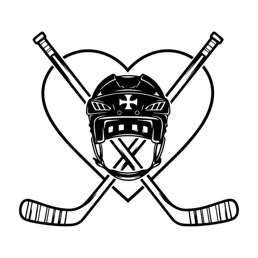 hockey, sports, ice hockey, helmet, crossed sticks, black and white, monochrome, geometric, athletic, team sports, masculine, modern, sports equipment, hockey gear, winter sports, shield, cross symbol, bold design, graphic, competitive sports, recreation, sports fan, hockey player, winter, game day, sports themed, strength, action, dynamic