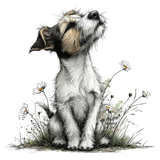 dog, puppy, shih tzu, terrier, small dog, fluffy dog, black and white, cream, tan, beige, grey, charcoal, daisies, flowers, floral, botanical, nature, whimsical, playful, children, kids, baby, cute, adorable, spring, garden, uplifting, cheerful, sweet, illustration