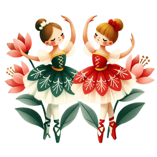 forest green, red, coral pink, cream, gold, floral, whimsical, fairy, ballet, ballerina, flowers, lotus, nature, spring, elegant, graceful, dancing, tutu, botanical, leaves, feminine, children's, girl's, storybook, illustration, vintage, magical, fantasy, embellished