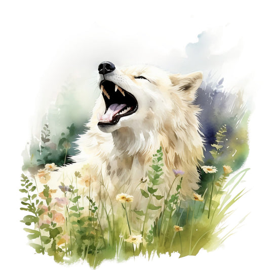 wolf, white wolf, howling wolf, cream, beige, soft green, watercolor style, wildflowers, daisies, nature scene, fabric panel, quilting cotton, wilderness, botanical elements, pastel tones, artistic rendering, wild animal, meadow flowers, soft brushstrokes, natural habitat