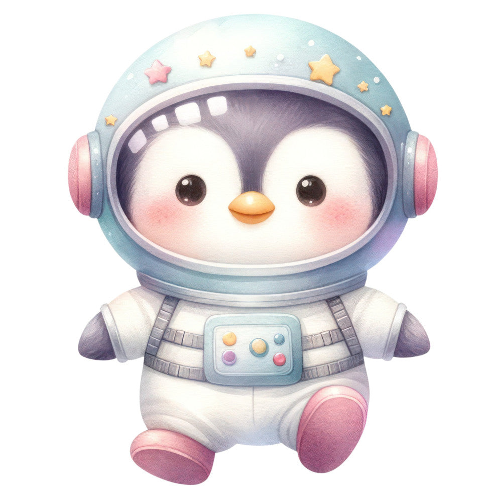 astronaut penguin, baby blue, celestial, cute animals, dusty rose, gold stars, headphones, light blue, pastel colors, pastel pink, playful, space theme, star motifs, whimsical, astronaut costume, birds, cosmic, embellished design, gender neutral, illustrated, kawaii style, nursery decor, outer space, purple accents, soft colors, space exploration, starry, tech gadgets, whimsy, children's fabric