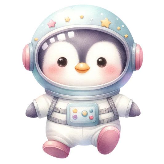 astronaut penguin, baby blue, celestial, cute animals, dusty rose, gold stars, headphones, light blue, pastel colors, pastel pink, playful, space theme, star motifs, whimsical, astronaut costume, birds, cosmic, embellished design, gender neutral, illustrated, kawaii style, nursery decor, outer space, purple accents, soft colors, space exploration, starry, tech gadgets, whimsy, children's fabric