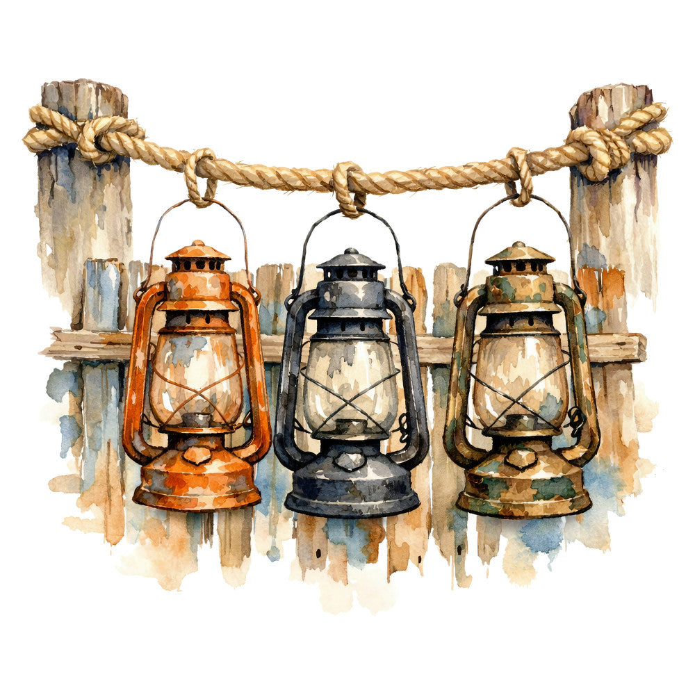 lanterns, vintage, rustic, farmhouse, orange, black, green, earth tones, weathered, cottage, camping, outdoor, adventure, western, country, heritage, traditional, nostalgic, antique, rope, wooden posts, distressed, neutral, beige, tan, wall hanging, home decor, primitive, colonial, historical