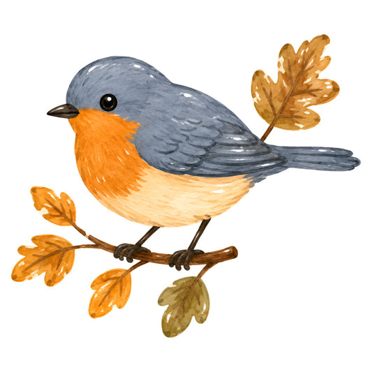 robin, bird, autumn, fall, orange breast, slate blue, cream, golden yellow, nature, woodland, seasonal, leaves, oak leaves, whimsical, rustic, charming, harvest, cottage core, animal motif, perched bird, branch, natural colors, muted tones, autumn palette, cozy, traditional, storybook, children's fabric, wall hanging, baby quilt