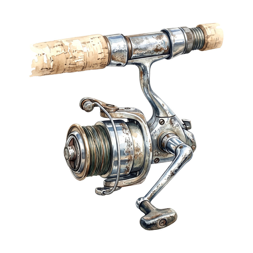 fishing rod, fishing reel, vintage fishing, fishing tackle, sporting goods, outdoor recreation, nautical, fishing theme, rustic, weathered, patina, metallic silver, bronze, cork handle, retro fishing, vintage sports, angler, fishing enthusiast, nostalgic, antique fishing equipment, sports equipment, hobby themed, masculine, adventure, camping, fishing illustration, detailed motif, collectible themed