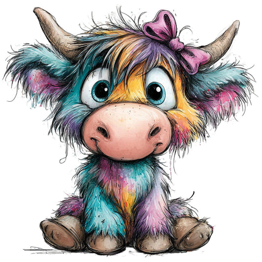whimsical highland cow, colorful cow, pink bow, turquoise blue, purple, golden yellow, multicolor, watercolor, cute animals, farmhouse, children's, baby quilt, wall hanging, playful, quirky, bohemian, colorful hair, folk art, illustrative, nursery, gender neutral, bright colors, teal blue, magenta pink, orange, folk style, charming characters, adorable, decorative panel