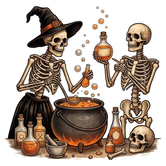 halloween, witches, skeletons, skulls, witch hat, potion bottles, cauldron, bones, spooky, orange, black, cream, tan, beige, rust orange, gothic, whimsical, festive, dark humor, mystical, magical, vintage, retro, macabre, witchcraft, alchemy, potion, wall hanging, home decor, holiday