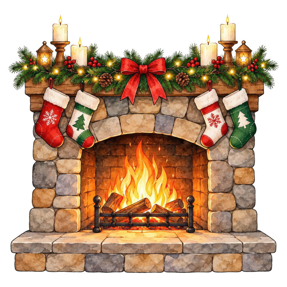 fireplace, christmas, holiday, stockings, candles, evergreen, garland, red bow, gold accents, warm tones, cream, red, green, gold, rust, stone texture, cozy, festive, traditional, winter, decorative, mantelpiece, pine cones, lanterns, flames, firelight, seasonal, home decor, hearth, nostalgic