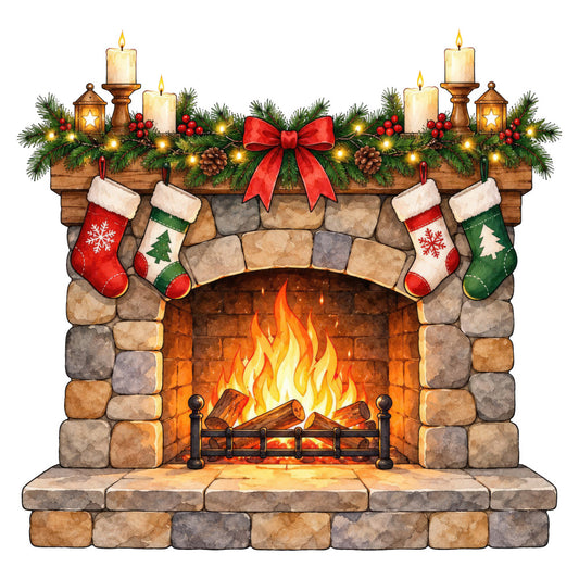 fireplace, christmas, holiday, stockings, candles, evergreen, garland, red bow, gold accents, warm tones, cream, red, green, gold, rust, stone texture, cozy, festive, traditional, winter, decorative, mantelpiece, pine cones, lanterns, flames, firelight, seasonal, home decor, hearth, nostalgic