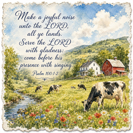 pastoral landscape, farmhouse, cows, dairy farm, countryside, barn, red barn, white house, rural scenery, wildflowers, meadow flowers, spring flowers, blue sky, clouds, rolling hills, stream, creek, trees, scripture, psalm, inspirational, religious, faith-based, sky blue, cream, sage green, grass green, red, white, traditional