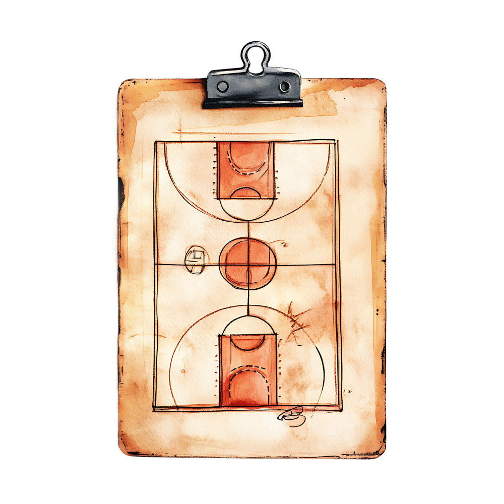 basketball court diagram, sports, vintage, tan, cream, rust orange, burnt orange, geometric, instructional, technical drawing, sports themed, retro, nostalgic, masculine, hobby, game strategy, court layout, athletic, beige, antique, aged paper effect, blueprint style, basketball fan, sports memorabilia, vintage sports, boys room, man cave, basketball gameplay, court markings