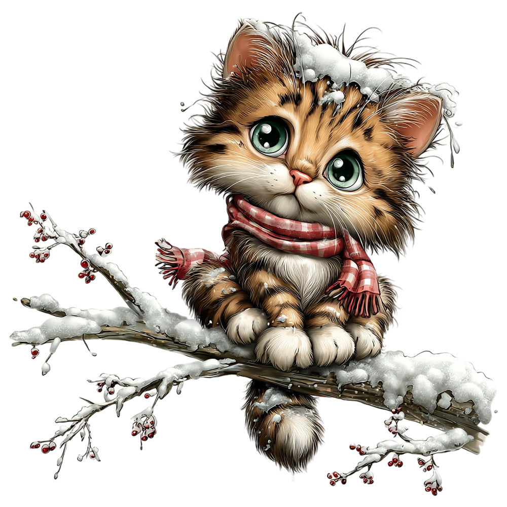 winter cat, tabby cat, snow, holiday, christmas, festive, cute animals, whimsical, children's, baby, forest green eyes, red plaid scarf, snow-covered branches, berries, winter wildlife, seasonal, cozy, playful, striped pattern, long-haired cat, magical, enchanted, winter theme, nature animals, illustration style, character panel, decorative, cheerful