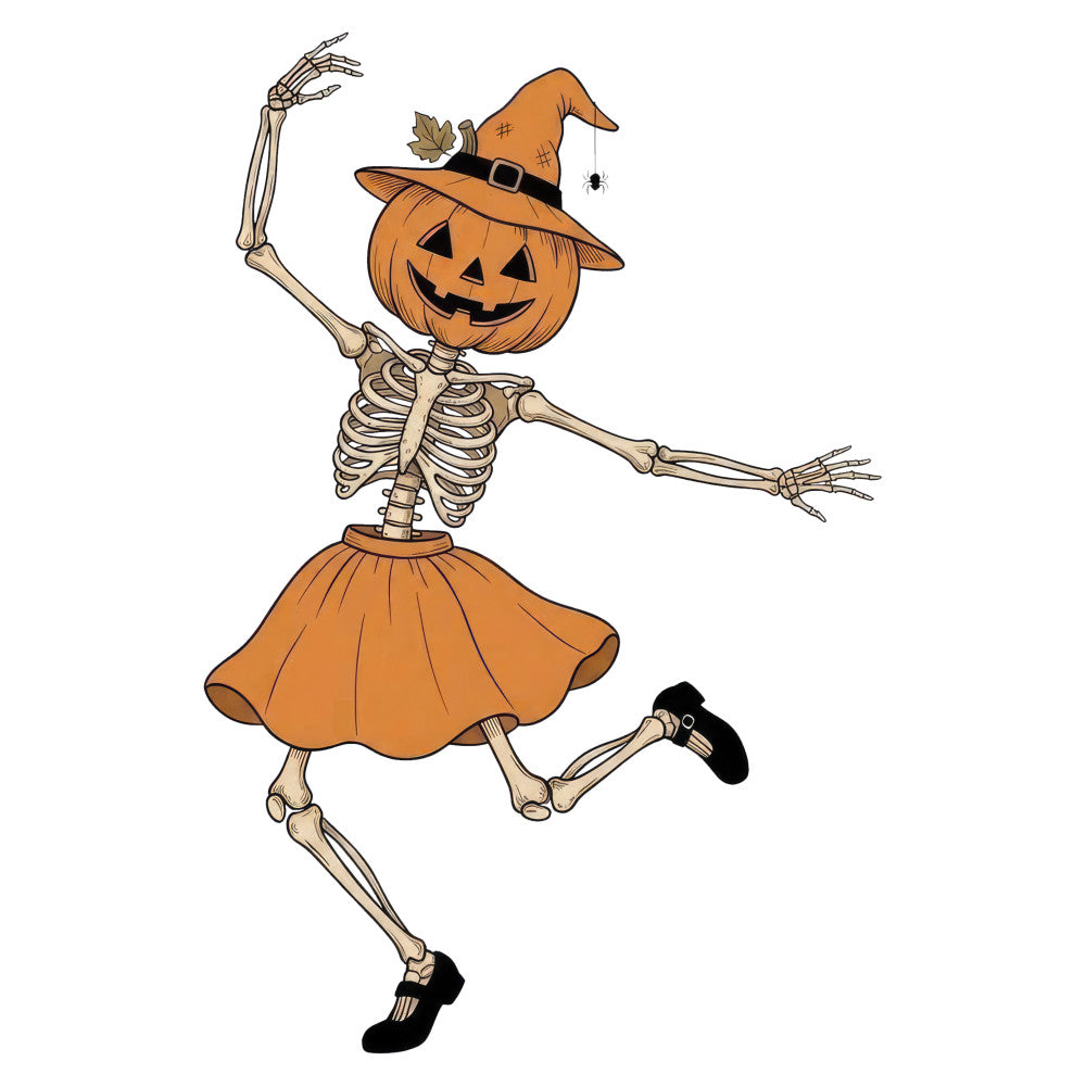 halloween, pumpkin, skeleton, jack-o-lantern, witch hat, fall, autumn, orange, cream, tan, bone, spooky, festive, whimsical, holiday, costume, dancing skeleton, pumpkin head, black shoes, leaf accent, playful, fun, decorative, seasonal, trick-or-treat, october, harvest, creepy-cute, character panel, novelty print