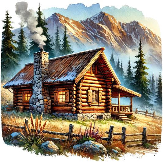 log cabin, mountain landscape, rustic scene, stone chimney, evergreen trees, snow-capped peaks, wooden fence, golden hour lighting, wilderness setting, fabric panel, quilting cotton, autumn grass, smoke from chimney, alpine scenery, warm earth tones, blues and greens, watercolor style, peaceful cabin, rocky mountains, cozy retreat