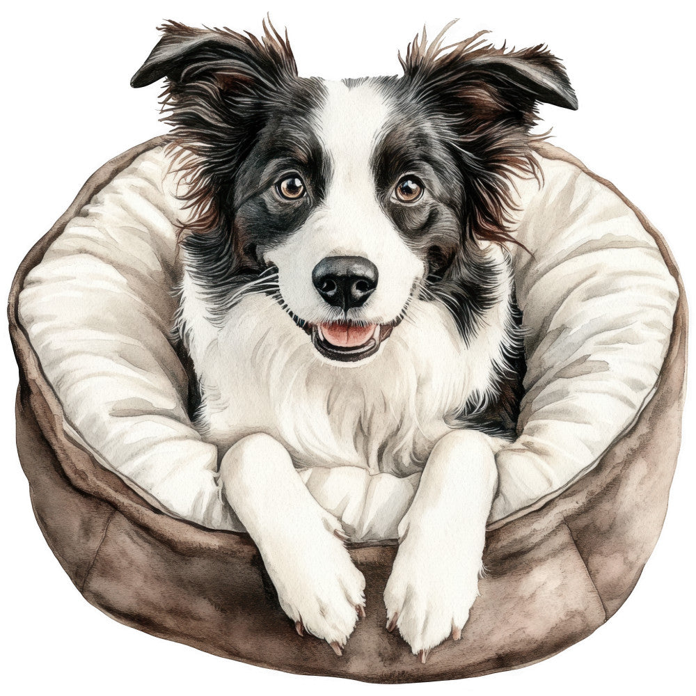 watercolor, border collie, dog portrait, black and white, brown tones, beige, cream colors, pet bed, fabric panel, quilting cotton, realistic art, detailed illustration, animal design, dog lover, soft pastels, neutral palette, cushion scene, pet themed, canine art, contemporary style