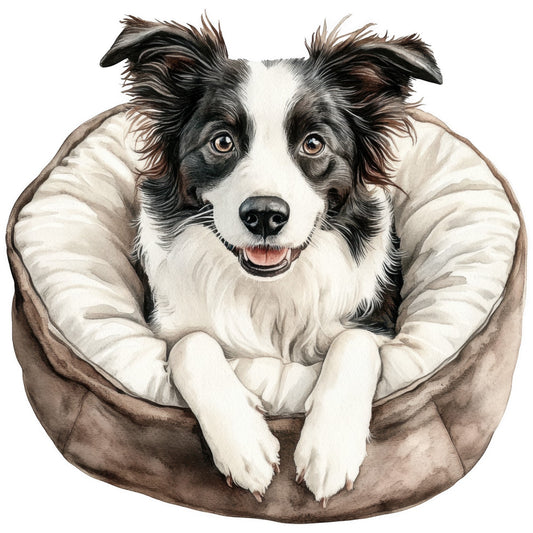 watercolor, border collie, dog portrait, black and white, brown tones, beige, cream colors, pet bed, fabric panel, quilting cotton, realistic art, detailed illustration, animal design, dog lover, soft pastels, neutral palette, cushion scene, pet themed, canine art, contemporary style
