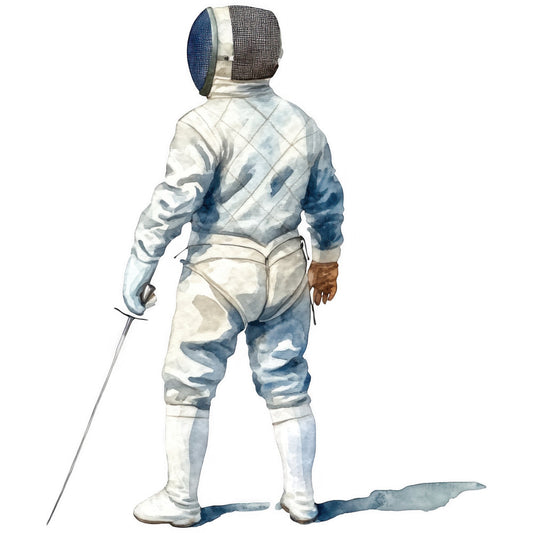 fencer, fencing, sword, sports, vintage illustration, watercolor, blue and white, cream, tan, brown, historical, figure, person, athlete, competitive sport, elegant, sophisticated, monochromatic, illustration print, novelty, hobby, recreation, denim blue, charcoal gray, beige, artistic, heritage, traditional sport