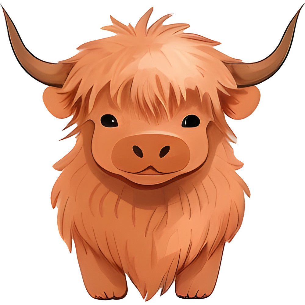 rust orange, burnt sienna, terracotta, highland cattle, highland cow, scottish cattle, long horned cattle, cute animals, whimsical, farmhouse, rustic, livestock, farm animals, children's, kids, baby, playful, illustration style, cartoon, folk art, nature, pastoral, country, animal lovers, endearing expression, shaggy hair, horns, cozy, charming, child-friendly