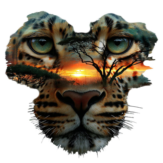 leopard, wildlife, animal print, double exposure, sunset, golden hour, savanna, african wildlife, big cat, nature, landscape, trees, acacia tree, amber, burnt orange, golden yellow, cream, black, forest green, teal, double image, artistic, modern, bohemian, whimsical, wall art, home decor, nature lover, adventure theme, wild animal