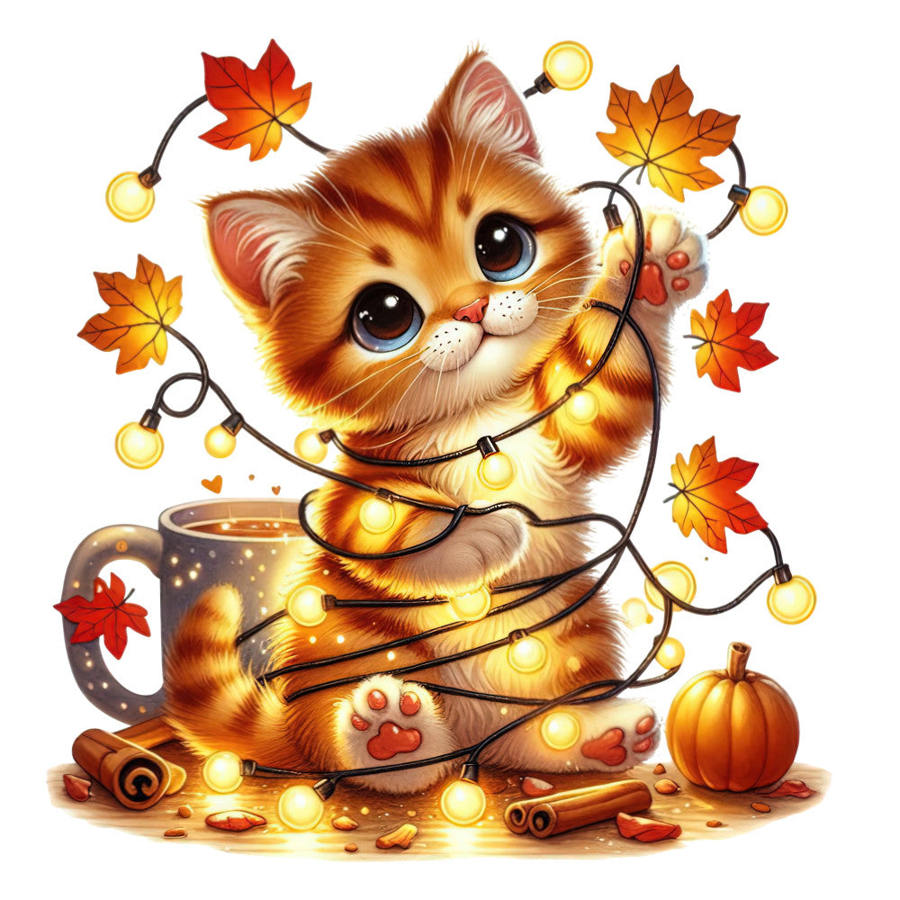 orange cat, autumn leaves, fall theme, warm colors, golden yellow, burnt orange, cream, red-orange, whimsical style, cute animals, cat illustration, festive, cozy aesthetic, maple leaves, string lights, warm lighting, pumpkin, cinnamon sticks, hot beverage, mug, paw pads, heart motifs, seasonal decor, autumn harvest, cheerful design, child-friendly, decorative panel, fall colors, rustic charm, nature-inspired