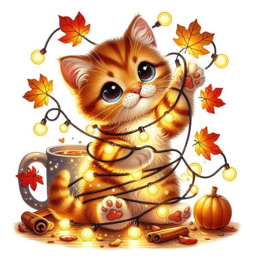 orange cat, autumn leaves, fall theme, warm colors, golden yellow, burnt orange, cream, red-orange, whimsical style, cute animals, cat illustration, festive, cozy aesthetic, maple leaves, string lights, warm lighting, pumpkin, cinnamon sticks, hot beverage, mug, paw pads, heart motifs, seasonal decor, autumn harvest, cheerful design, child-friendly, decorative panel, fall colors, rustic charm, nature-inspired