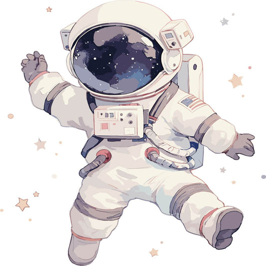 astronaut, space, celestial, stars, cosmic, outer space, navy blue, cream, beige, tan, dusty blue, coral pink, gray, whimsical, modern, playful, children, kids, nursery, baby, adventure, exploration, floating, character, illustration, cute, dreamy, night sky, spaceman, helmet