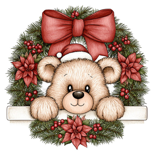 teddy bear, christmas, holiday, santa hat, wreath, poinsettia, red berries, cream, beige, tan, forest green, dusty rose, red ribbon, bow, festive, whimsical, cute, baby, children's, seasonal, winter, christmas wreath, teddy bear panel, holiday decoration, nursery, wall hanging, decorative, traditional, charming, sweet