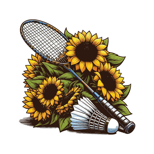 sunflower, yellow, golden yellow, dark brown, forest green, sage green, white, blue, badminton, sports, tennis racket, shuttlecock, floral, nature, botanical, summer, garden, vintage, whimsical, playful, cottage core, farmhouse, athletic, hobby, leisure, illustration, detailed, hand-drawn style, multi-motif, coordinating print