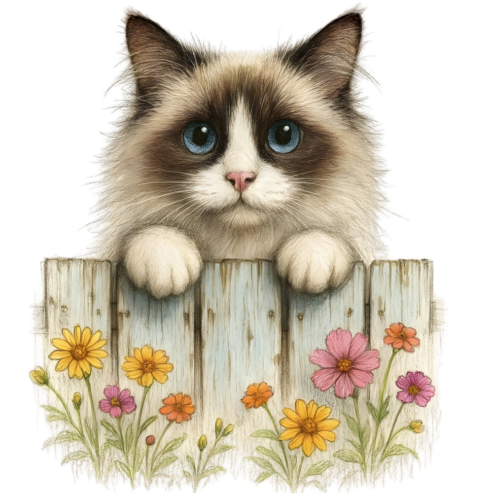 cat, blue eyes, siamese cat, colorful flowers, daisies, cosmos flowers, wooden fence, cream white, soft blue, pink flowers, yellow flowers, orange flowers, whimsical, cute animals, pet lover, spring, summer, garden theme, nature inspired, farmhouse style, cottage core, children's fabric, animal portrait, flower garden, pastel colors, dusty pink, butter yellow, sage green, folk art style, decorative panel