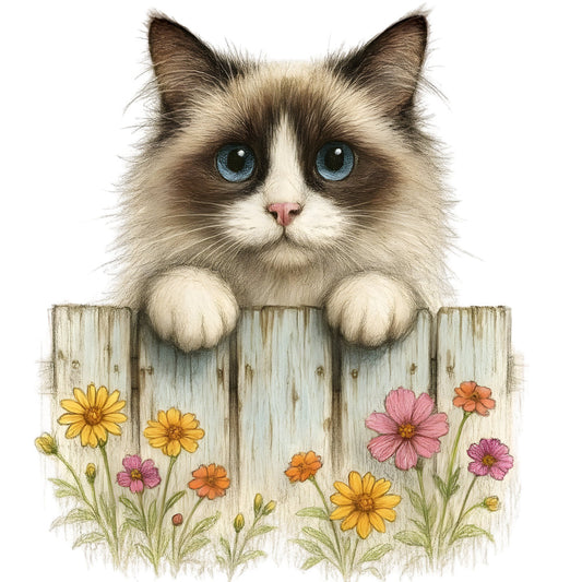 cat, blue eyes, siamese cat, colorful flowers, daisies, cosmos flowers, wooden fence, cream white, soft blue, pink flowers, yellow flowers, orange flowers, whimsical, cute animals, pet lover, spring, summer, garden theme, nature inspired, farmhouse style, cottage core, children's fabric, animal portrait, flower garden, pastel colors, dusty pink, butter yellow, sage green, folk art style, decorative panel