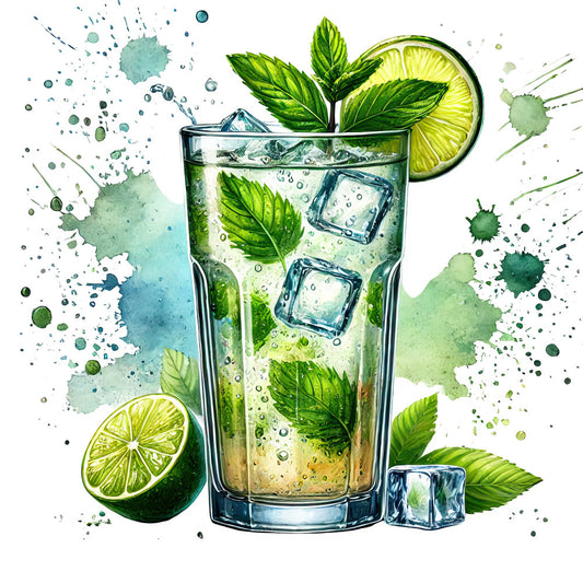 lime green, mint green, teal blue, aqua, watercolor, abstract, botanical, beverage, cocktail, mojito, citrus, lemon, lime, mint leaves, ice cubes, refreshing, summer, tropical, modern, splatter, artistic, drink-themed, kitchen, home decor, contemporary, bright, vibrant, nature-inspired