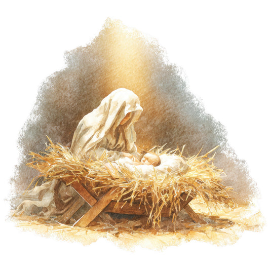 gold, cream, beige, brown, nativity scene, mary, baby jesus, manger, straw, holy family, religious, christmas, biblical, watercolor style, soft lighting, divine light, fabric panel, quilting cotton, spiritual, sacred, peaceful mood