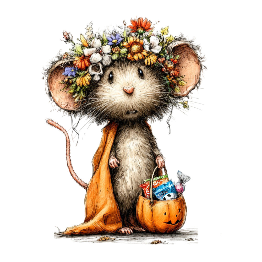 cute mouse, floral crown, whimsical animal, autumn harvest, halloween pumpkin, orange pumpkin, cream white, dusty blue, golden yellow, burnt orange, woodland creature, nature themed, rustic charm, folk art, vintage illustration, candy treats, trick or treat bag, seasonal fall, autumn colors, charming character, hand drawn style, children's fabric, whimsy, farmhouse style, nature lover, flower crown, cute critters, storybook illustration, harvest season, festive autumn