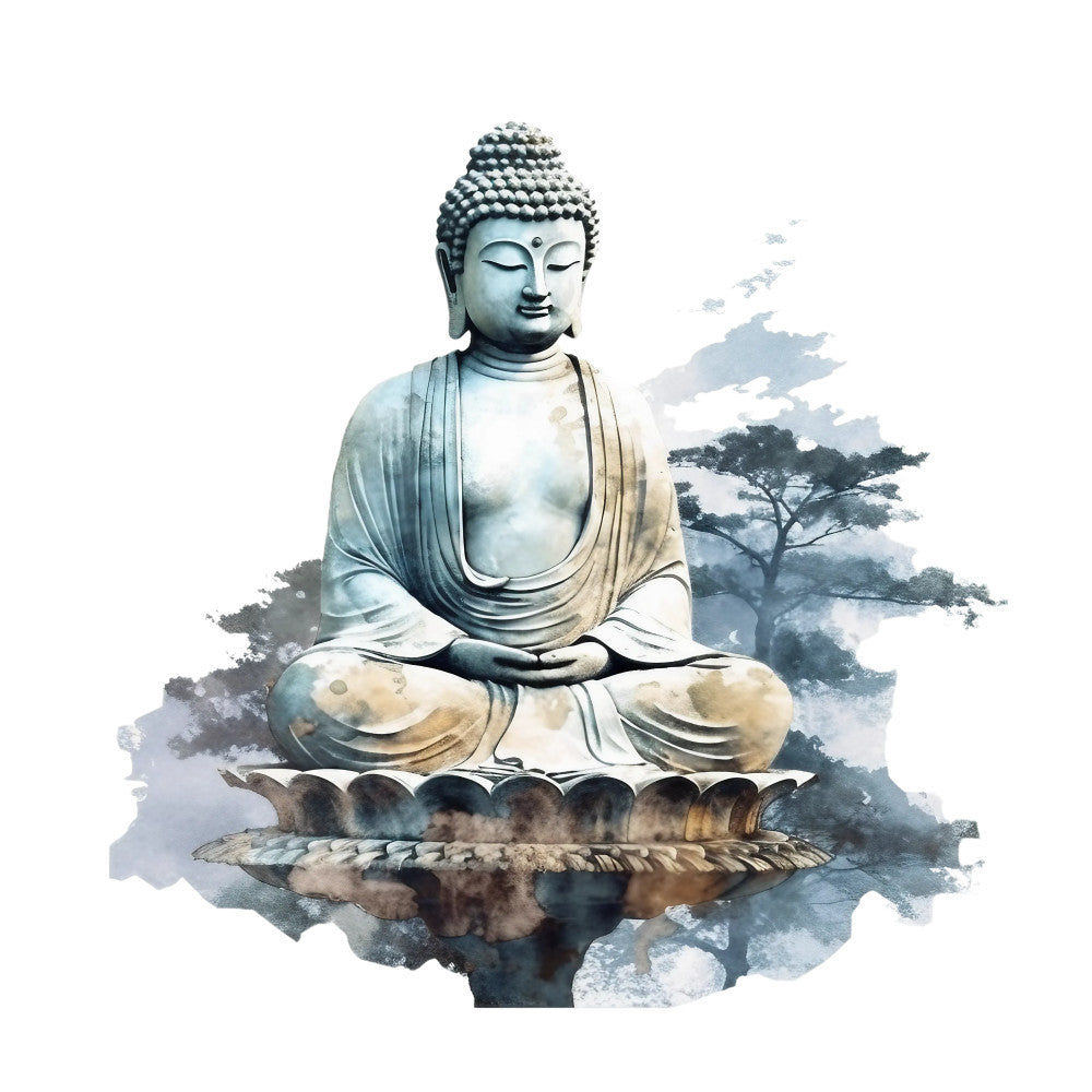 watercolor, buddha, meditation, serene, peaceful, lotus flower, sage green, soft blue, cream, beige, gray, spiritual, zen, asian inspired, tranquil, sitting pose, fabric panel, quilting cotton, mindfulness, nature elements, tree silhouettes