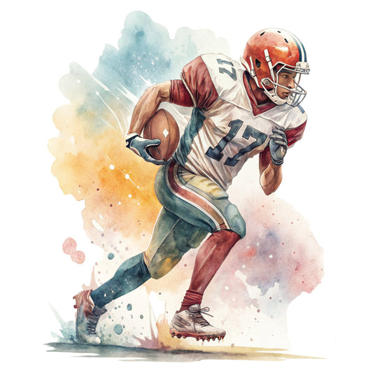 watercolor, sports, football, athlete, rust red, cream, navy blue, burgundy, teal blue, burnt orange, abstract watercolor, modern art, action pose, masculine, dynamic, sports fan, gridiron, touchdown, player portrait, loose brushstrokes, splatter effect, blurred background, contemporary, dramatic, energetic, transitional, bedroom decor, wall hanging, home decor, fan apparel