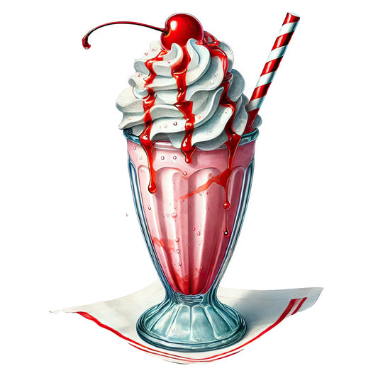 red, white, cream, cherry red, vintage, retro, 1950s, milkshake, ice cream sundae, diner, food, dessert, whimsical, nostalgic, cherry, stripe, striped, straw, glass, sweet, classic americana, mid-century, kitsch, fun, playful, summer, candy, treat, parlor, soda fountain
