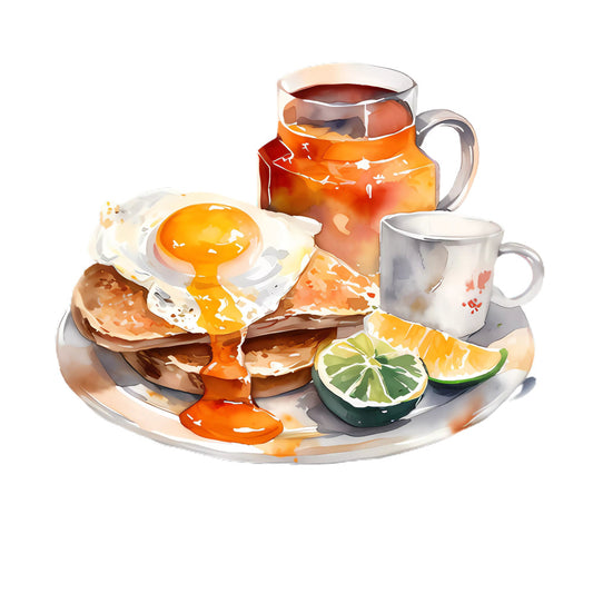 breakfast, brunch, fried egg, pancakes, orange, amber, golden yellow, cream, white, gray, food, culinary, kitchen, citrus, lime, morning, daytime, sunny, whimsical, playful, watercolor, illustrated, artistic, food art, coffee, beverage, sunny day, cheerful, warm tones, home decor